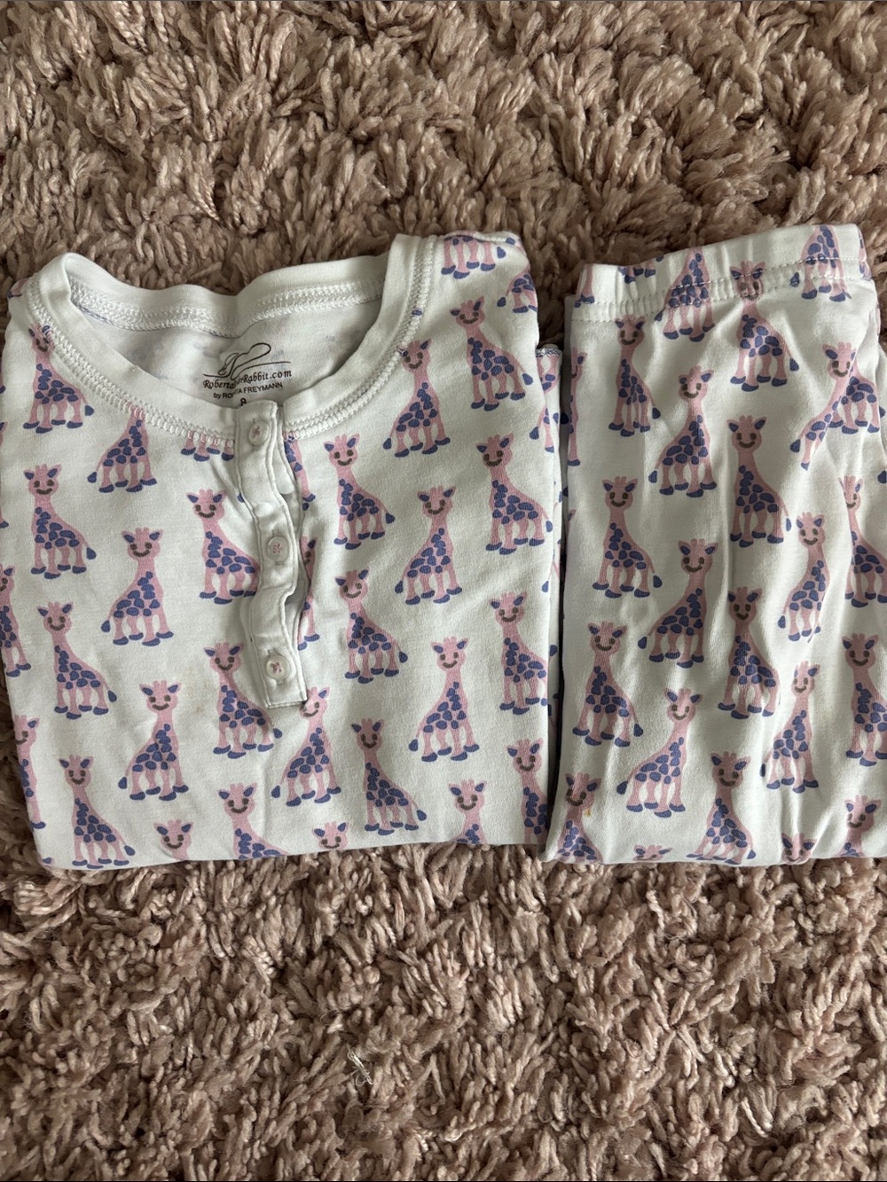 Roller Rabbit White Pajama Set with Pink & Purple Giraffe Print